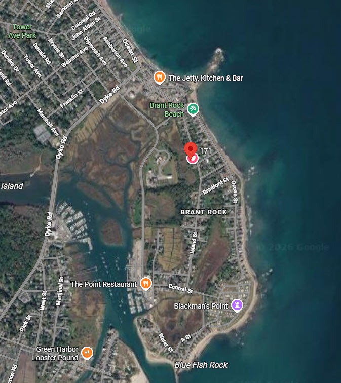 Map showing 171 Island Street relative to Brant Rock Beach, The Jetty, and The Point Restaurant
